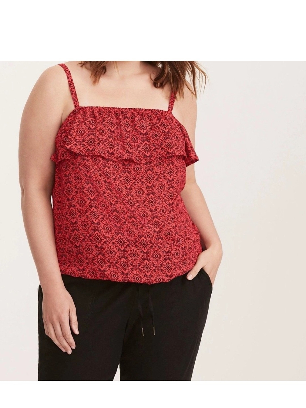 Torrid Georgette Red Tile Print Ruffle Cami 2X